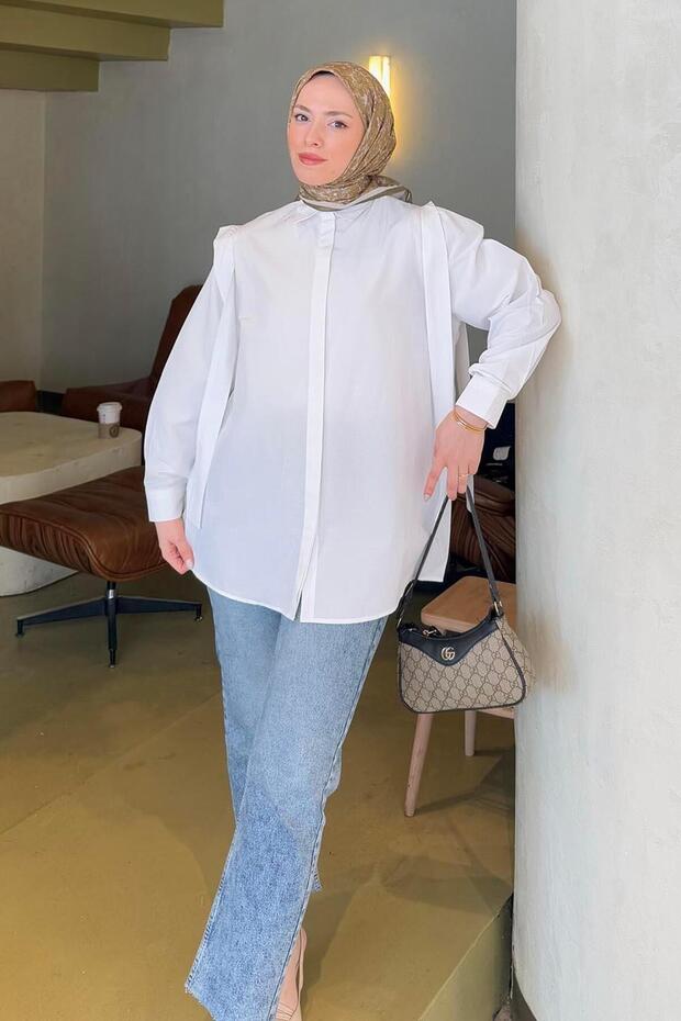 Shoulder Padded Detailed Hijab Shirt White