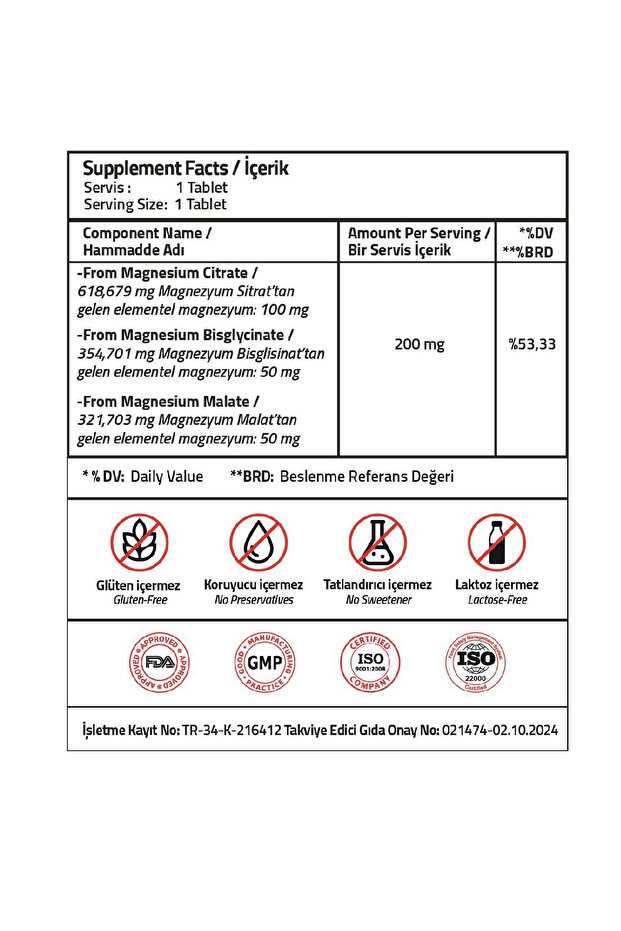 Magnezyum Complex Bisglycinate Sitrat Malat 200 Mg 60 Tablets - 3
