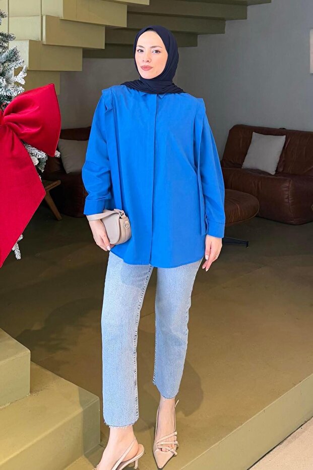 Shoulder Padding Detailed Hijab Shirt Cobalt Blue