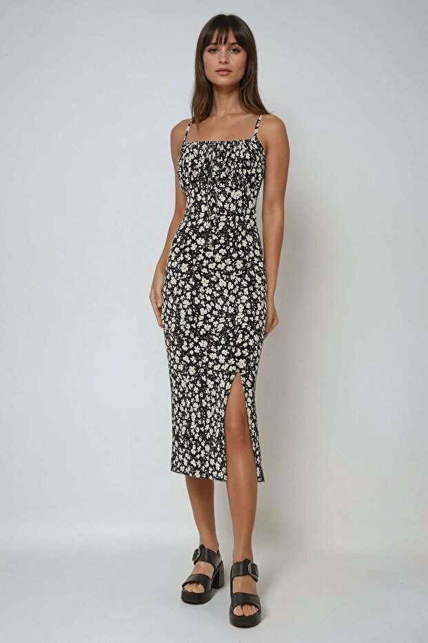 Yırtmaç Detaylı Çiçek Desenli Bodycon Midi Elbise - 2