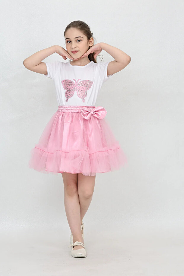 Girl's Short Sleeve Crew Neck Butterfly Patterned T-Shirt