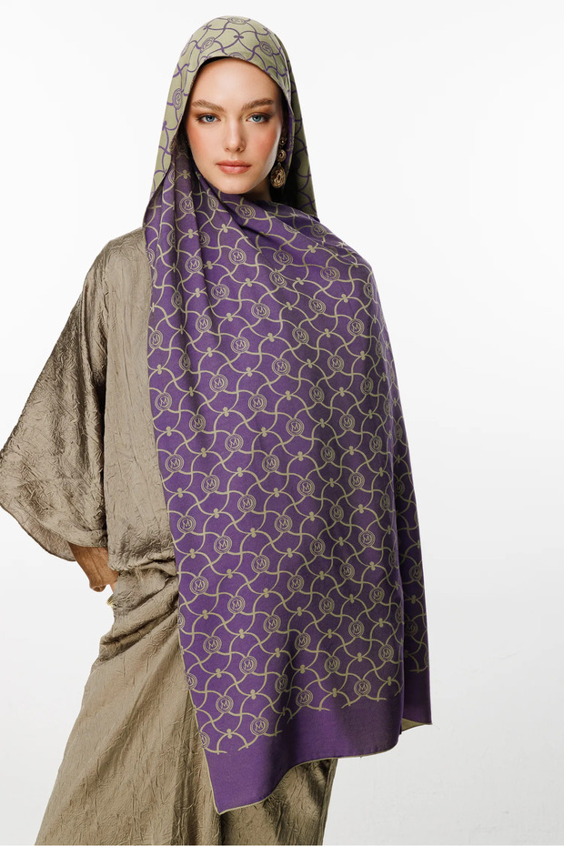Marrakech Pattern Double-Sided Shawl Olive-Purple - 3