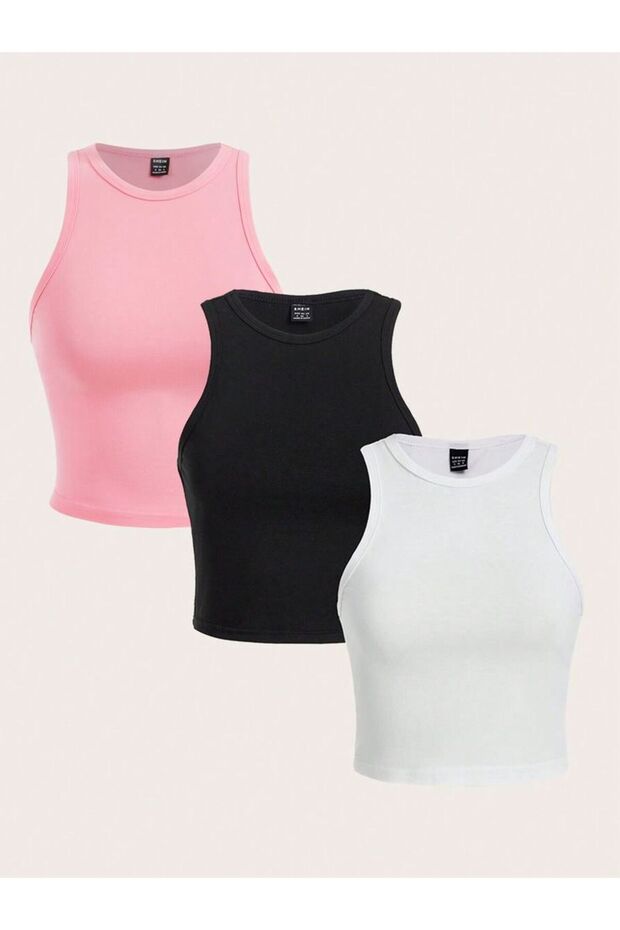 Women's 3-Piece Corduroy 100% Cotton Knitted Camisole Crop Atlet Blouse