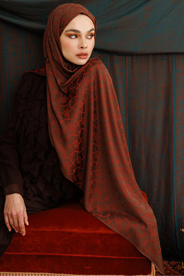 Marrakech Desen Çift Taraflı Şal Acı Kahve-Kahve - 3