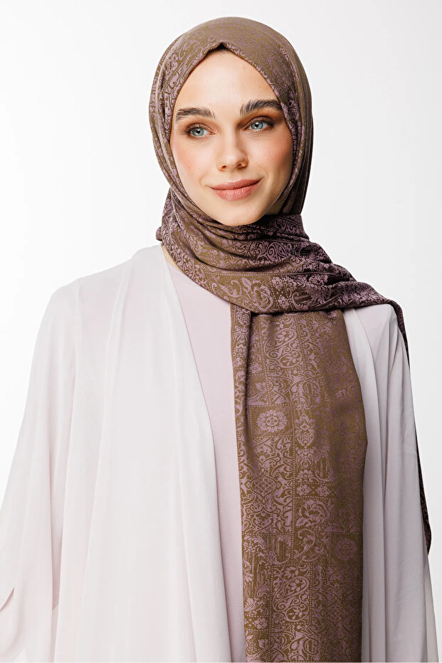 Henna Pattern Double Sided Shawl Dark Khaki-Dark Rose