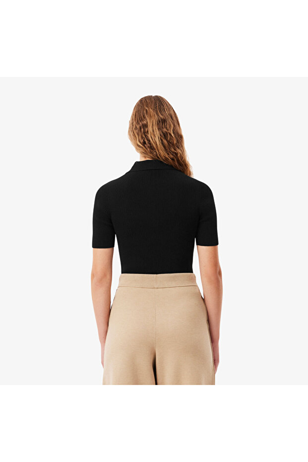 Kadın Slim Fit Kısa Kollu Yarım Fermuarlı Siyah Triko - 3