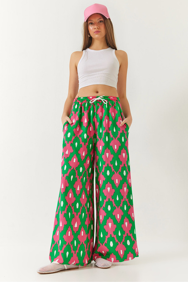 Women's Green Fuchsia Patterned Elastic Waist Tie Pocket Viscose Comfortable Palazzo Trousers 60261435