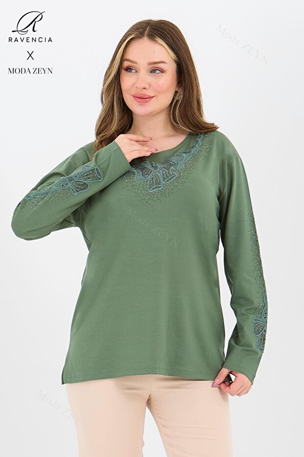 Women's Green Bow Pattern Stone Embroidered Lycra Slit Viscose Mother Combed Cotton Blouse