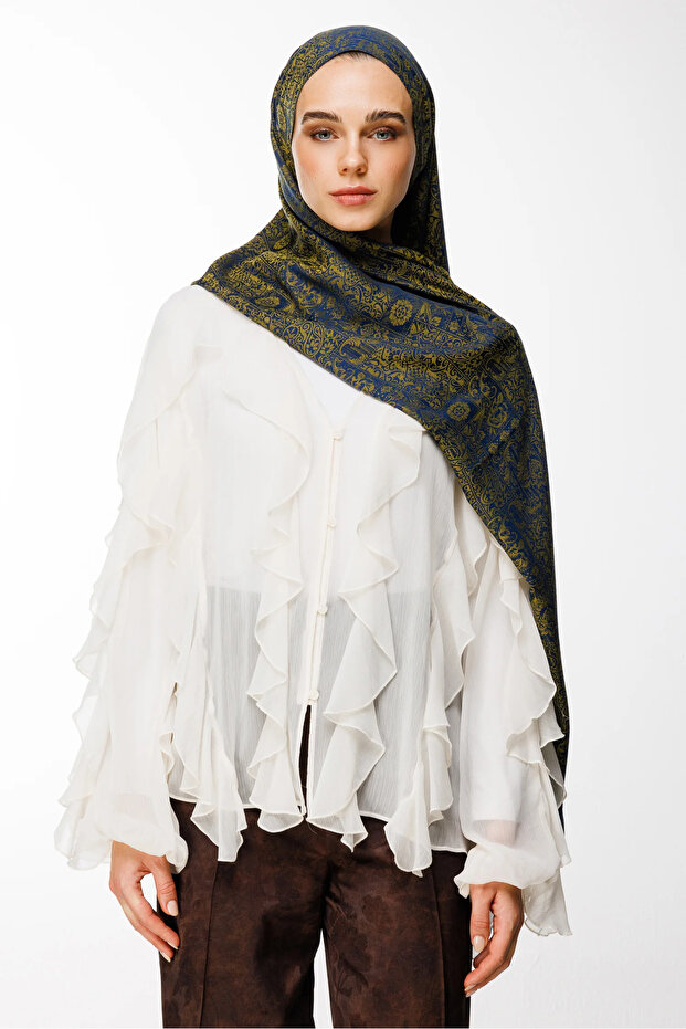 Henna Pattern Double Sided Shawl Navy Blue-Oil Green