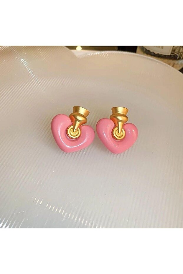 Çelik pembe kalp küpe - 2