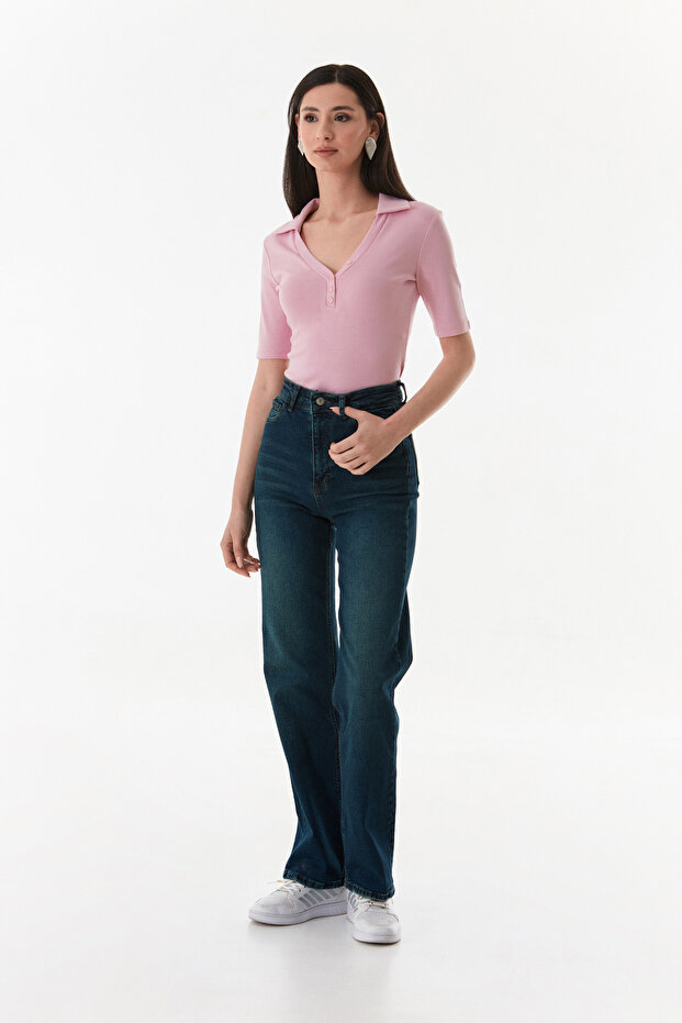 بلوزة ليكرا بياقة بولو بأزرار أمامية - 6