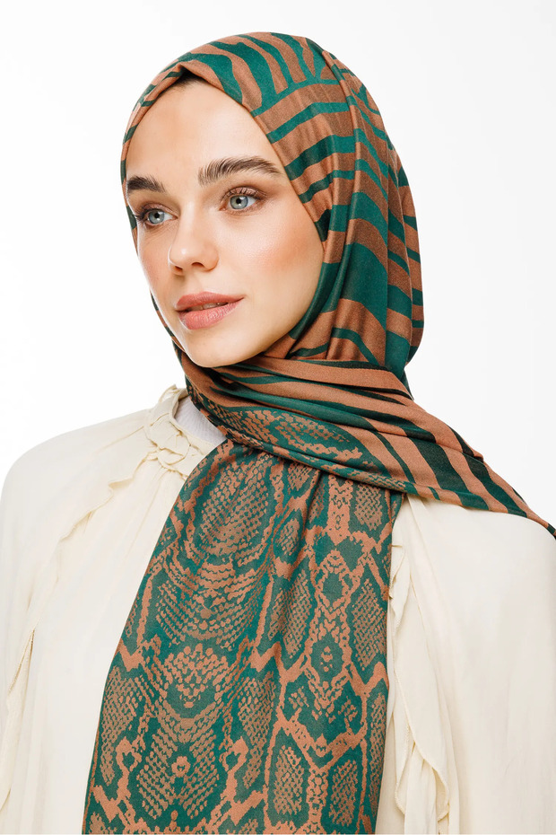 Riad Pattern Double-Sided Shawl Emerald-Apricot