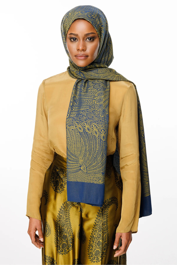 Mayra Pattern Double Sided Shawl Navy Blue-Oil Green