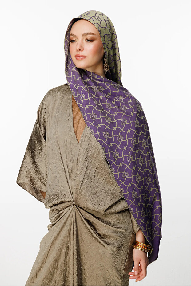 Marrakech Pattern Double-Sided Shawl Olive-Purple - 5