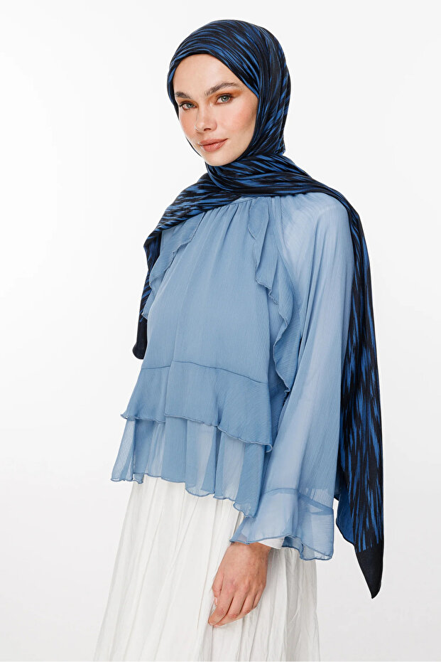 Selis Pattern Double-Sided Shawl Black-Indigo - 3