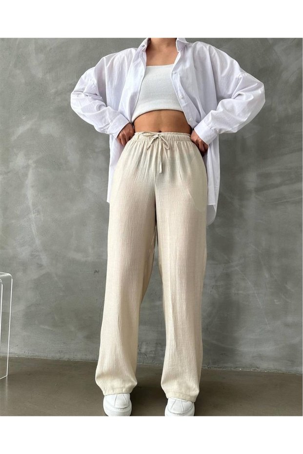 Palazzo Pants, Bürümcük Fabric, Elastic Waist