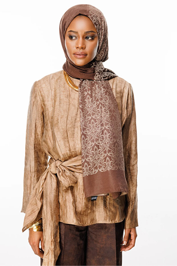 Nora Pattern Double Sided Shawl Bitter Brown-Beige - 2