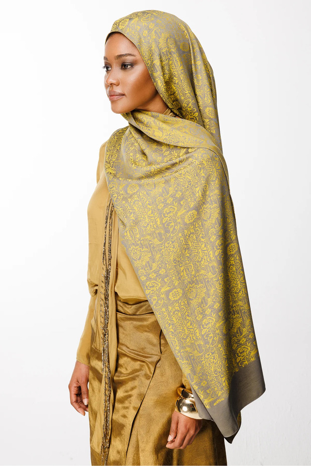 Henna Pattern Double Sided Shawl Dark Grey-Mustard