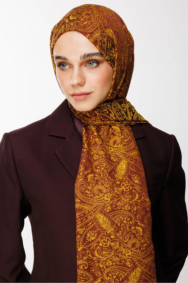 Velora Desen Çift Taraflı Şal Mürdüm-Sarı - 1