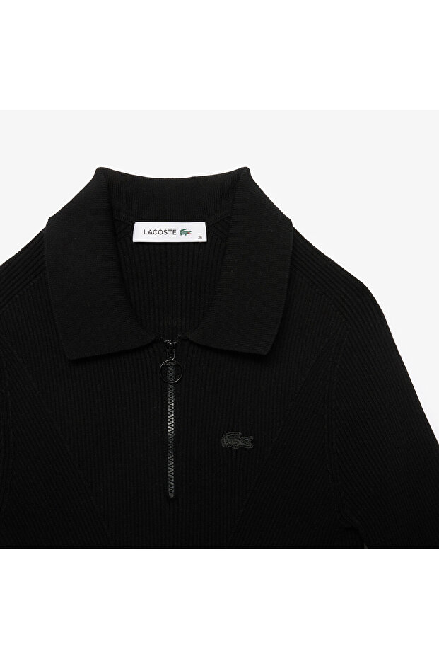 Kadın Slim Fit Kısa Kollu Yarım Fermuarlı Siyah Triko - 6