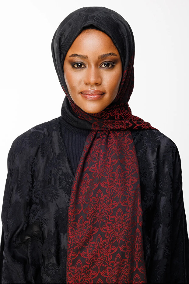 Nora Pattern Double Sided Shawl Black-Claret Red