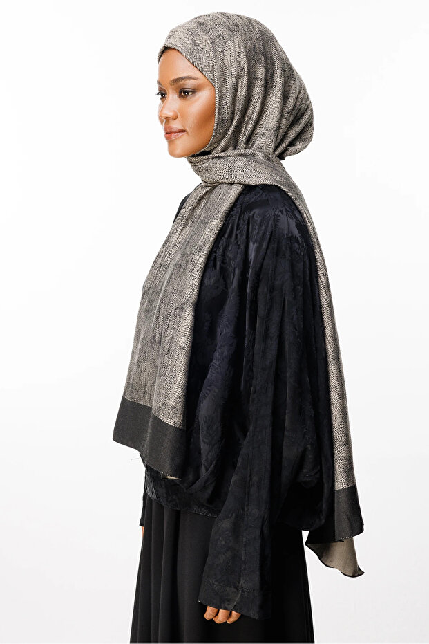Sahra Pattern Double-Sided Shawl Black-Beige - 5