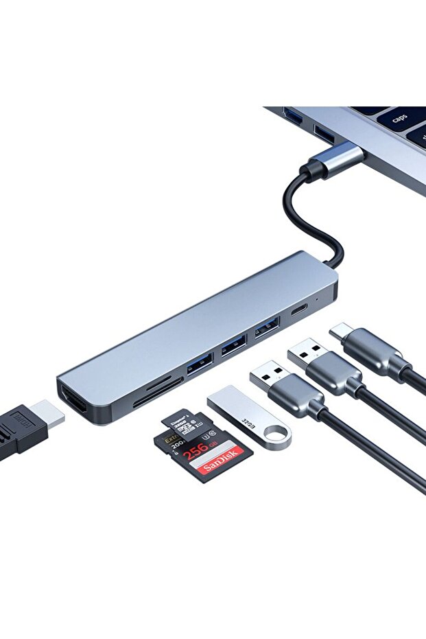 7 in 1 1x Type-c 3x USB 1x SD 1x TF 1x HDMI Çıkışlı USB C Hub Çoklayıcı Görüntü ve Veri Aktarıcı - 1