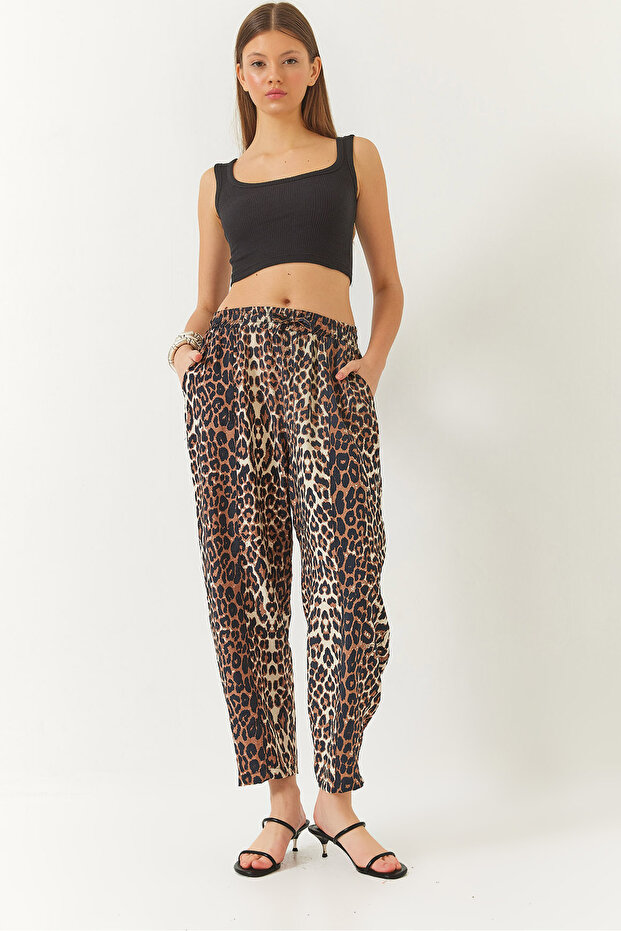 Women's Brown Beige Piping Lace-Up Leopard Patterned Shalwar Trousers 3890 60261437