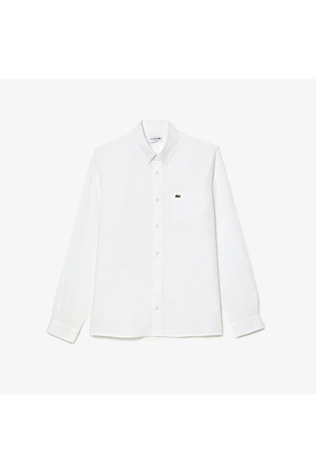 Erkek Regular Fit Düğmeli Yaka Keten Beyaz Gömlek - 4