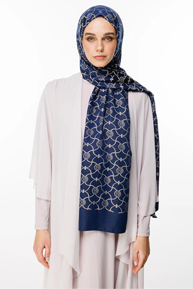 Marrakech Pattern Double Sided Shawl Navy Blue-Beige - 1