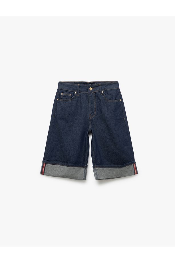 Katlı Paça Düğmeli Cep Detaylı Bermuda Denim Şort - 5