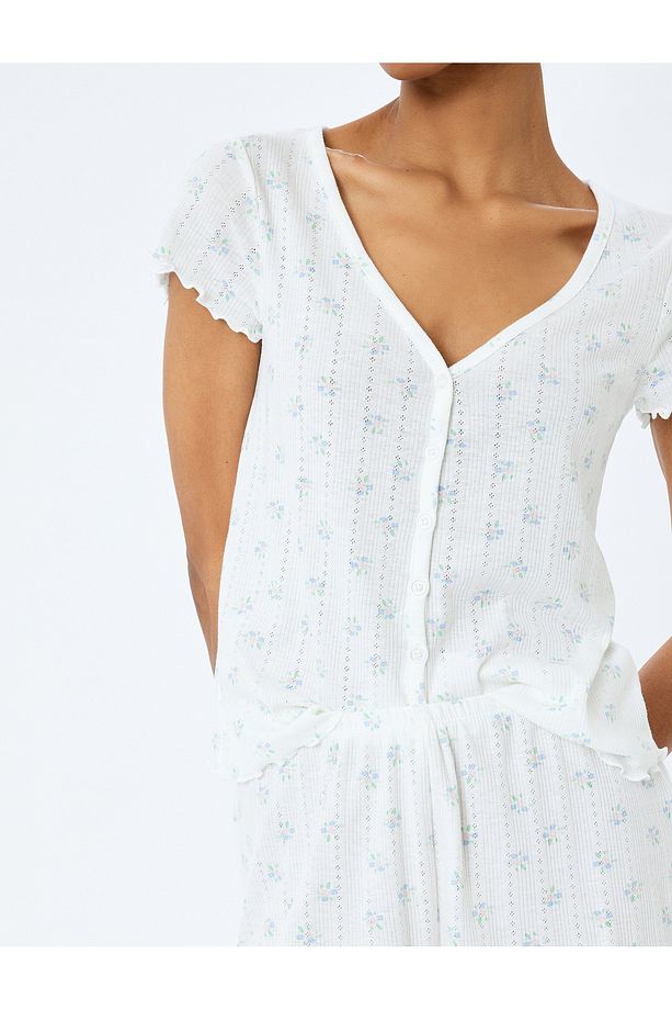 V Yaka Düğmeli Kısa Kollu Şortlu Pamuk Karışımlı Örme Pijama Seti - 5