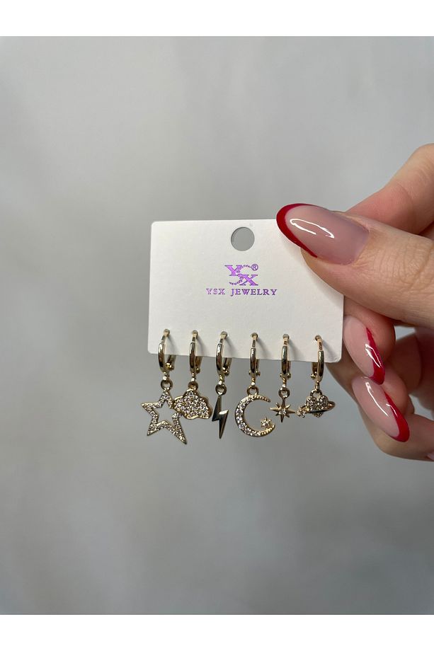 Çoklu Sallantılı Minimal Gold Küpe Ayyıldız Bulut Şimşek Kalp - 2