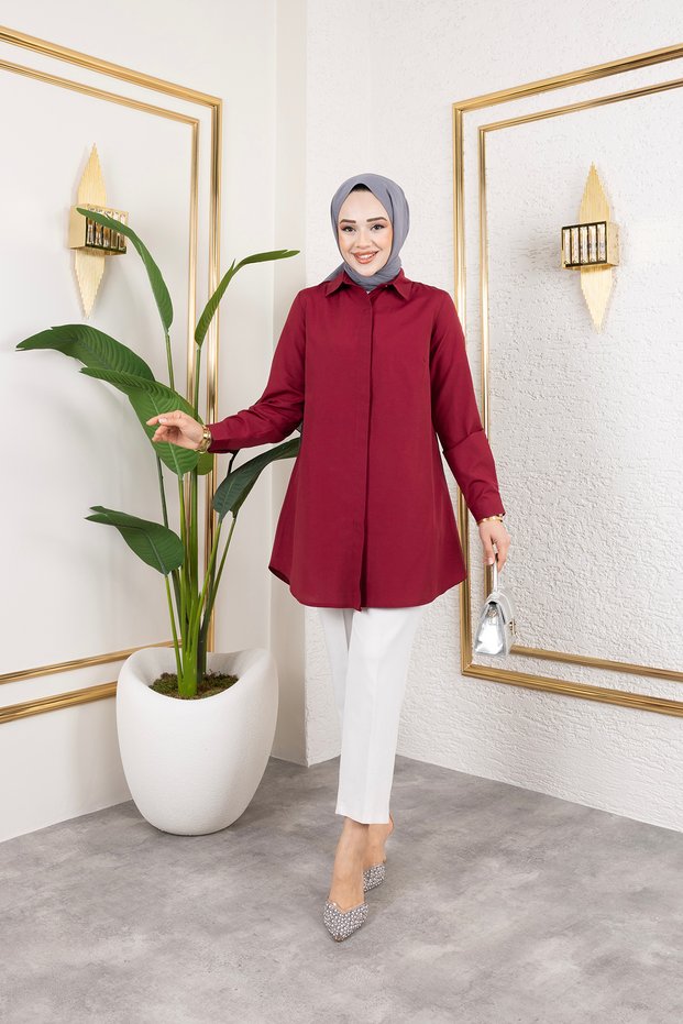 Women's Burgundy Tericotone Hidden Button Boyfriend Hijab Shirt