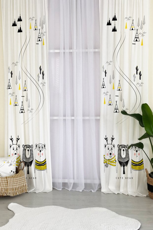 White 3 Bear and Road Patterned Children's Room Patterned Background Curtain