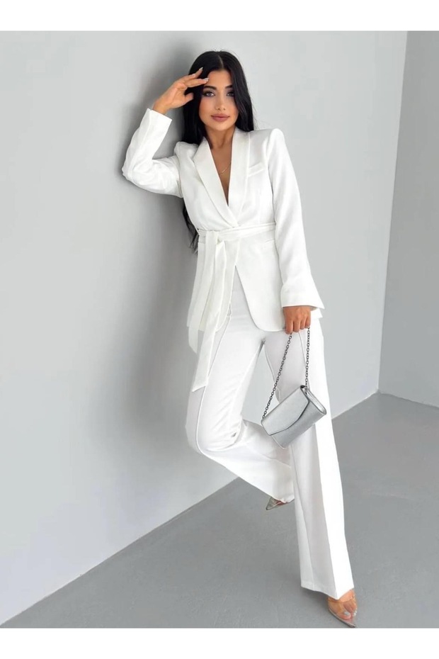 Double Belted Blazer Jacket Pants Set - 4