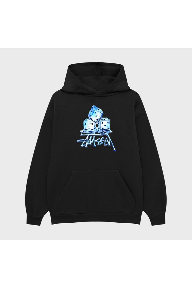 Unisex Stussy Ice Printed 3 Thread Raster Oversized Hoodie Sweatshirt