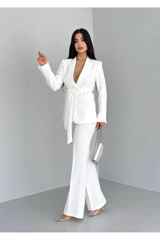 Double Belted Blazer Jacket Pants Set - 3