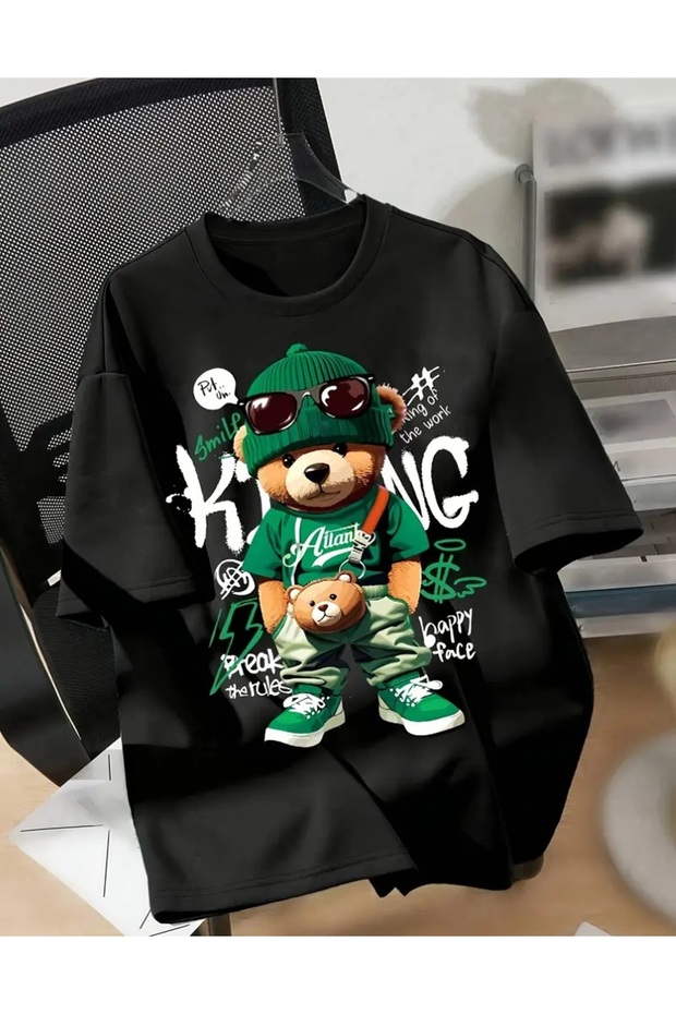 Young Adult Oversize Cut Loose Comfortable Cut Printed Teddy Bear Tshirt