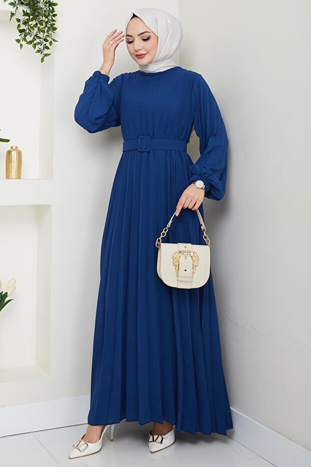Belted Pleated Aerobin Dress Blue Hm2339