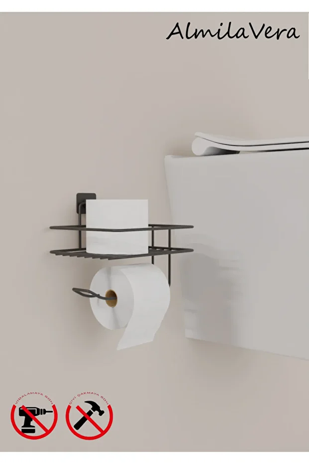 Yapışkanlı Siyah Tuvalet Kağıtlığı Askısı Yedekli Tuvalet Kağıtlık Wc Kağıtlık - 1