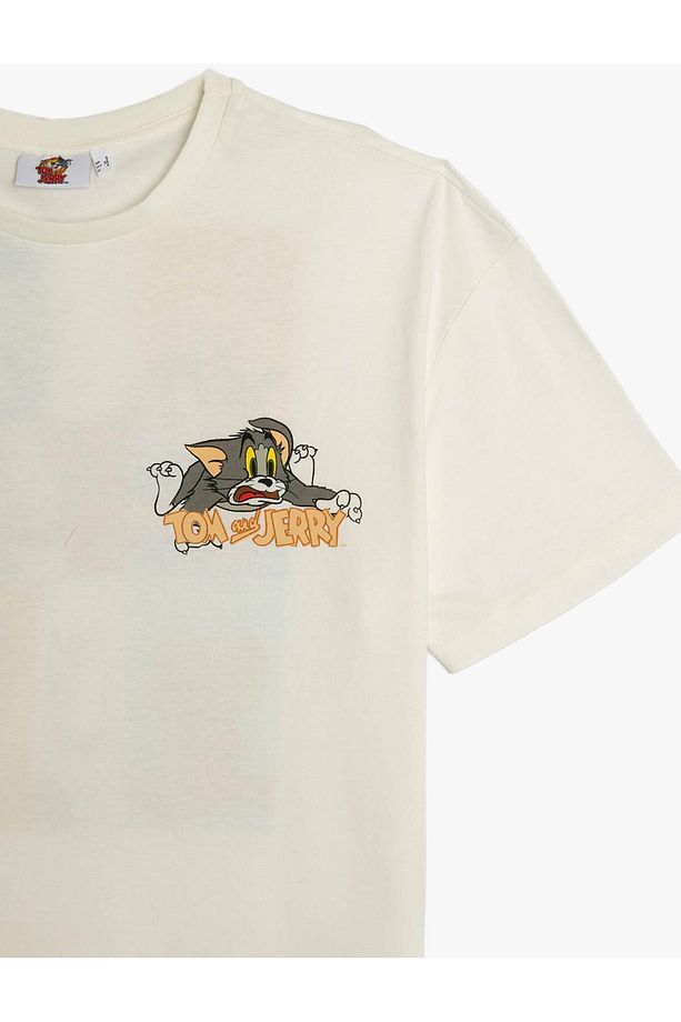 Tom ve Jerry Lisanslı Arkası Baskılı Bisiklet Yaka Oversize Tişört - 3