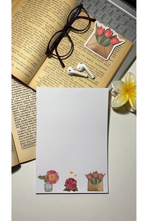 Pink Floral Print Notepad - A5 Notebook, Check Pluck Cut, Glue Block Notepad - 3