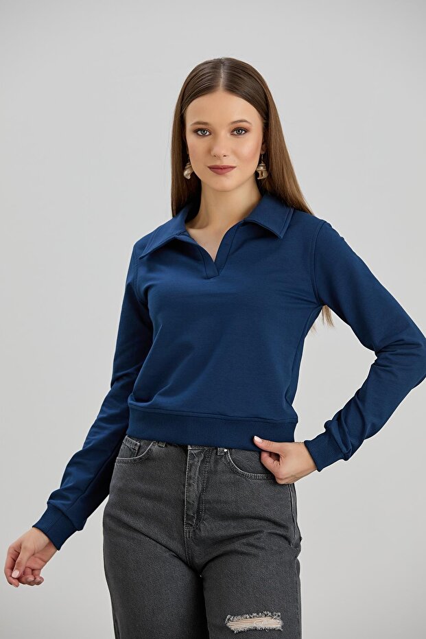 Kadın Gömlek Yakalı İki İplik Basic İndigo Renk Basic Sweatshirt - 1