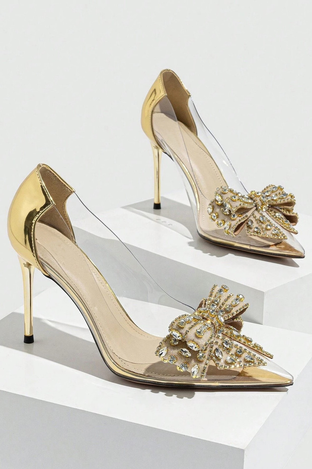 Lady Princess Gold Transparent Nude Bow Buckle Stoned 8 cm Thin Heeled Wedding Engagement Evening Dress Shoes