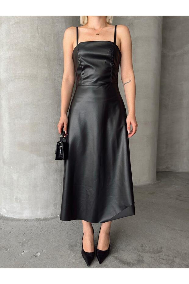 Rochie lungă din piele cu bretele - 6