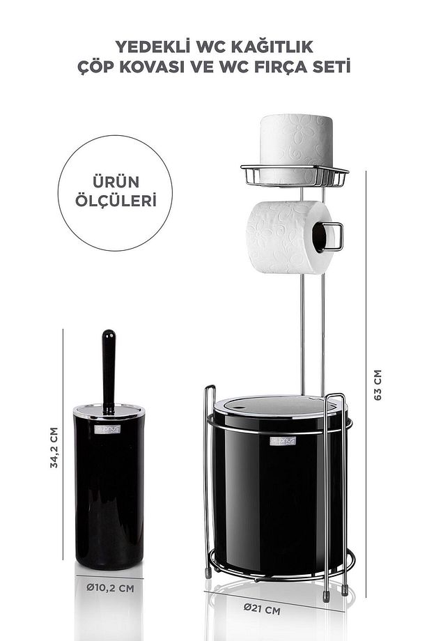 Krom Yedekli Wc Kağıtlık - Yuvarlak Siyah Çöp Kovası Ve Wc Fırça Seti - 2