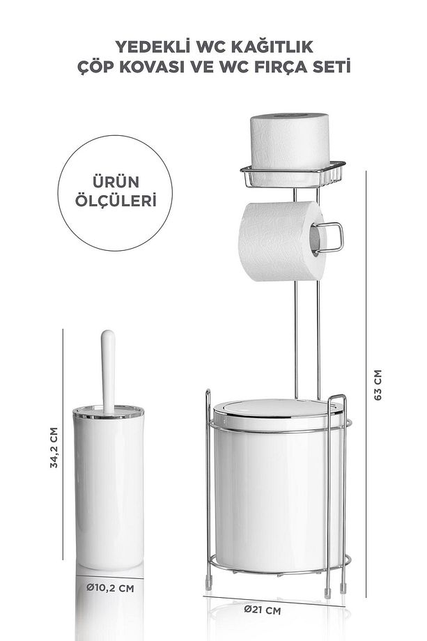 Krom Yedekli Wc Kağıtlık - Yuvarlak Beyaz Çöp Kovası Ve Wc Fırça Seti - 3
