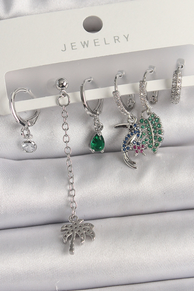 Brass Silver Color Dangle Zircon Stone Tree Figure Multiple Women's Earring Set