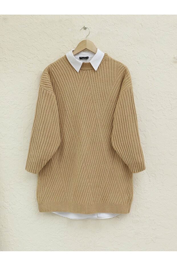Knitted tunic with diamond pattern - tan